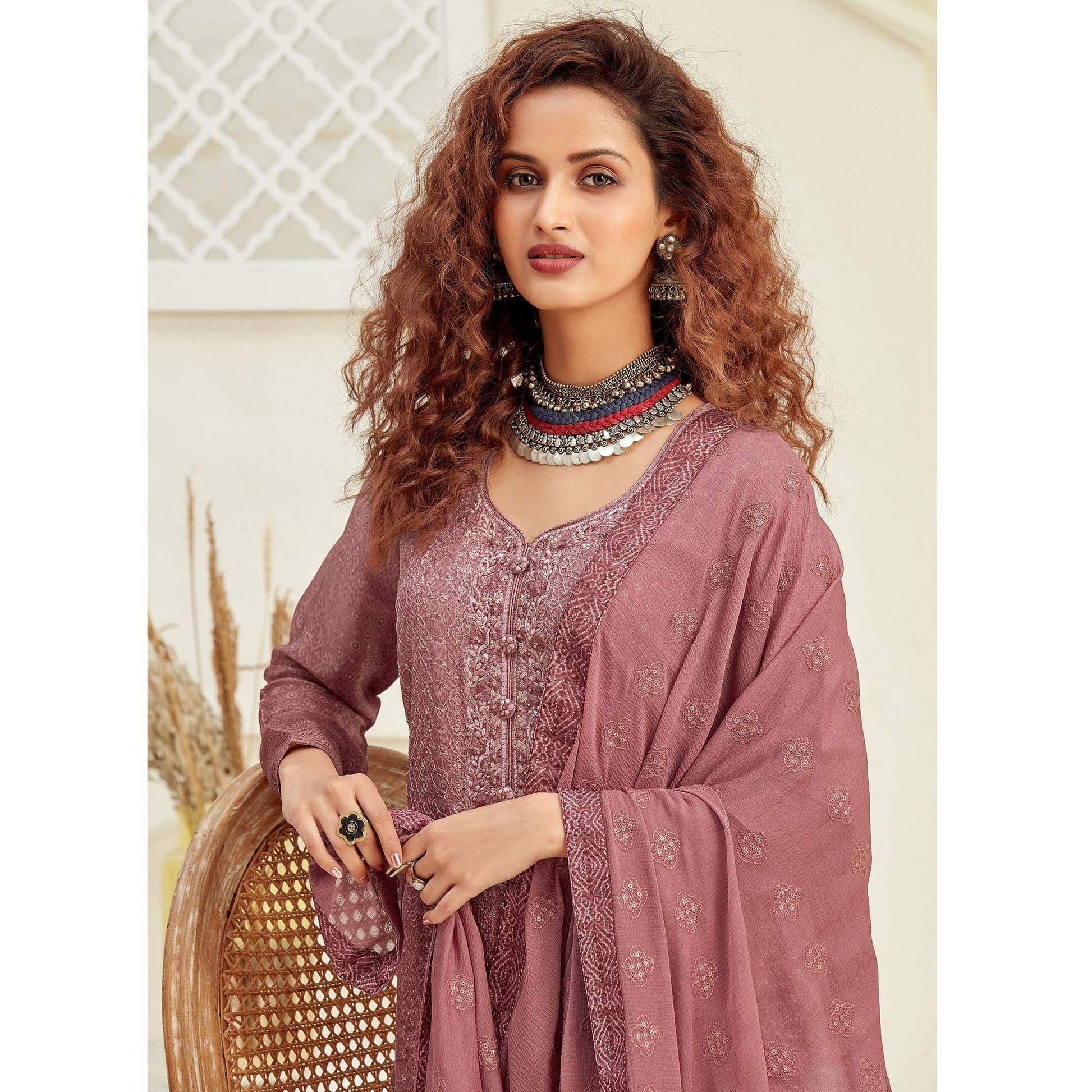 Exotic Mauve Colored Embroidered With Digital Printed Partywear Pure Viscose Chinnon Chiffon Palazzo Suit