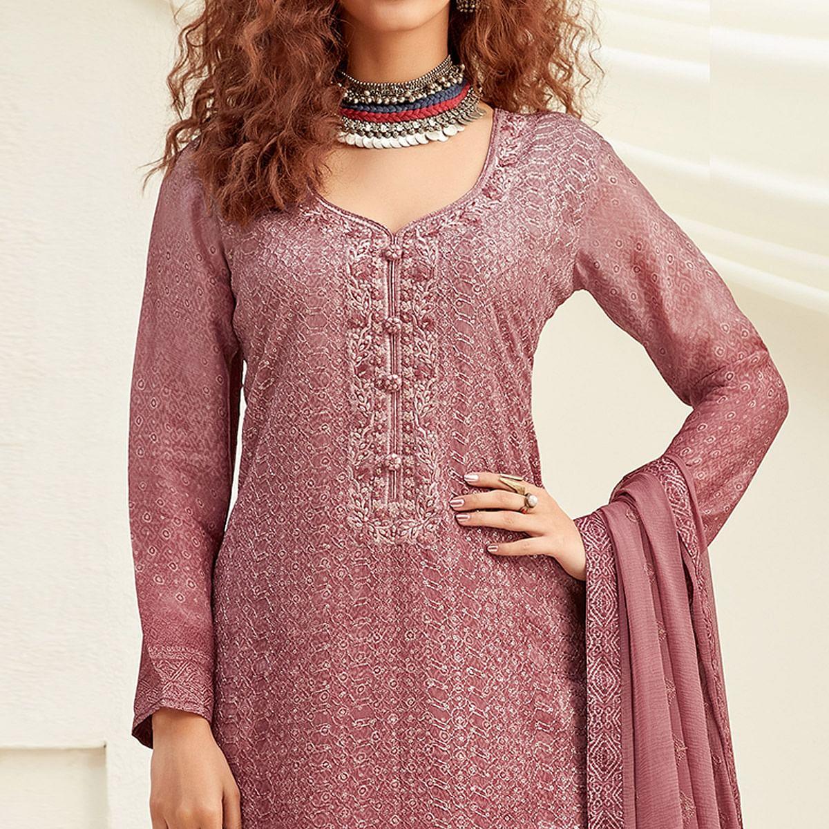 Exotic Mauve Colored Embroidered With Digital Printed Partywear Pure Viscose Chinnon Chiffon Palazzo Suit