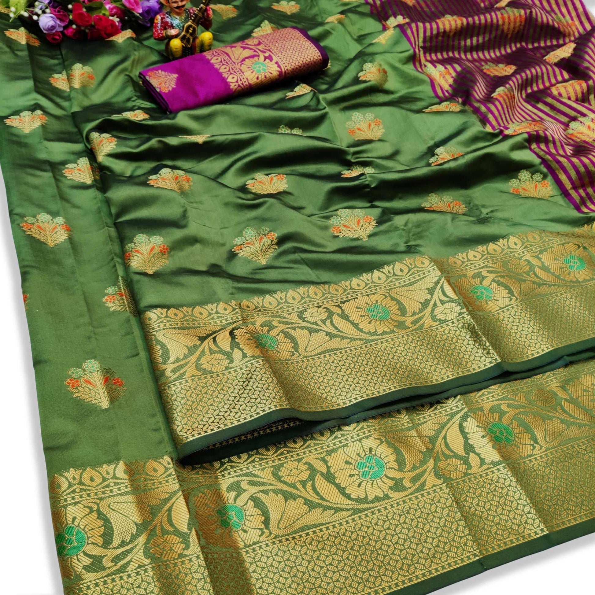Exotic Mehendi Green Colored Festive Wear Woven Lichi Silk Saree