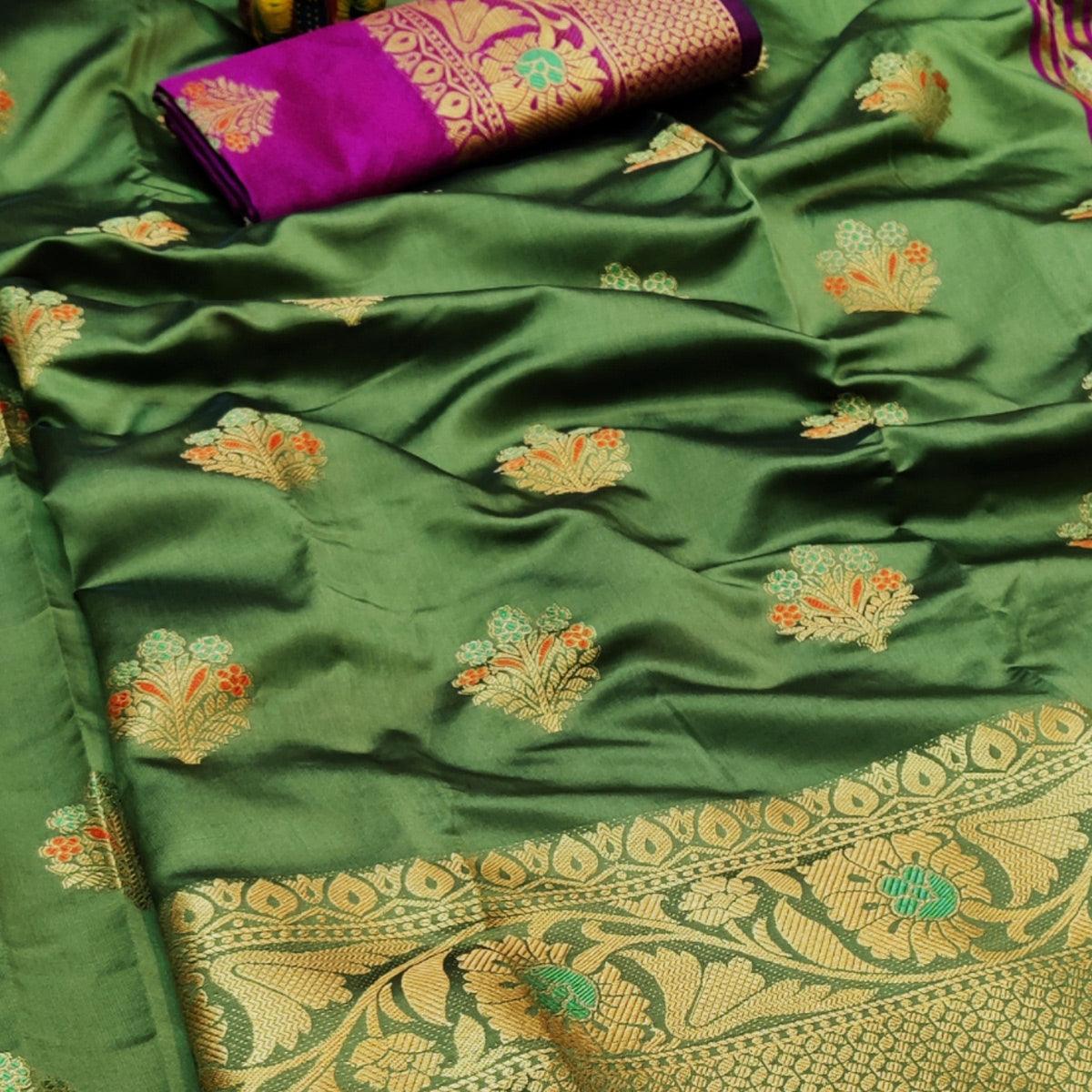 Exotic Mehendi Green Colored Festive Wear Woven Lichi Silk Saree