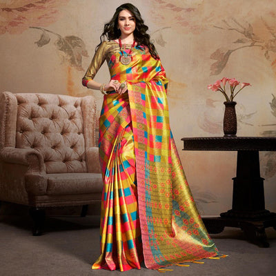 Exotic Multi Colored Festive Wear Printed Silk Blend Saree With Tassels