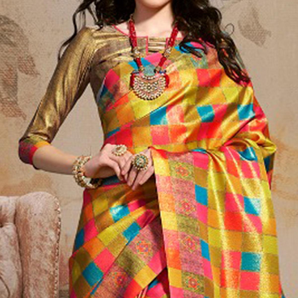 Exotic Multi Colored Festive Wear Printed Silk Blend Saree With Tassels