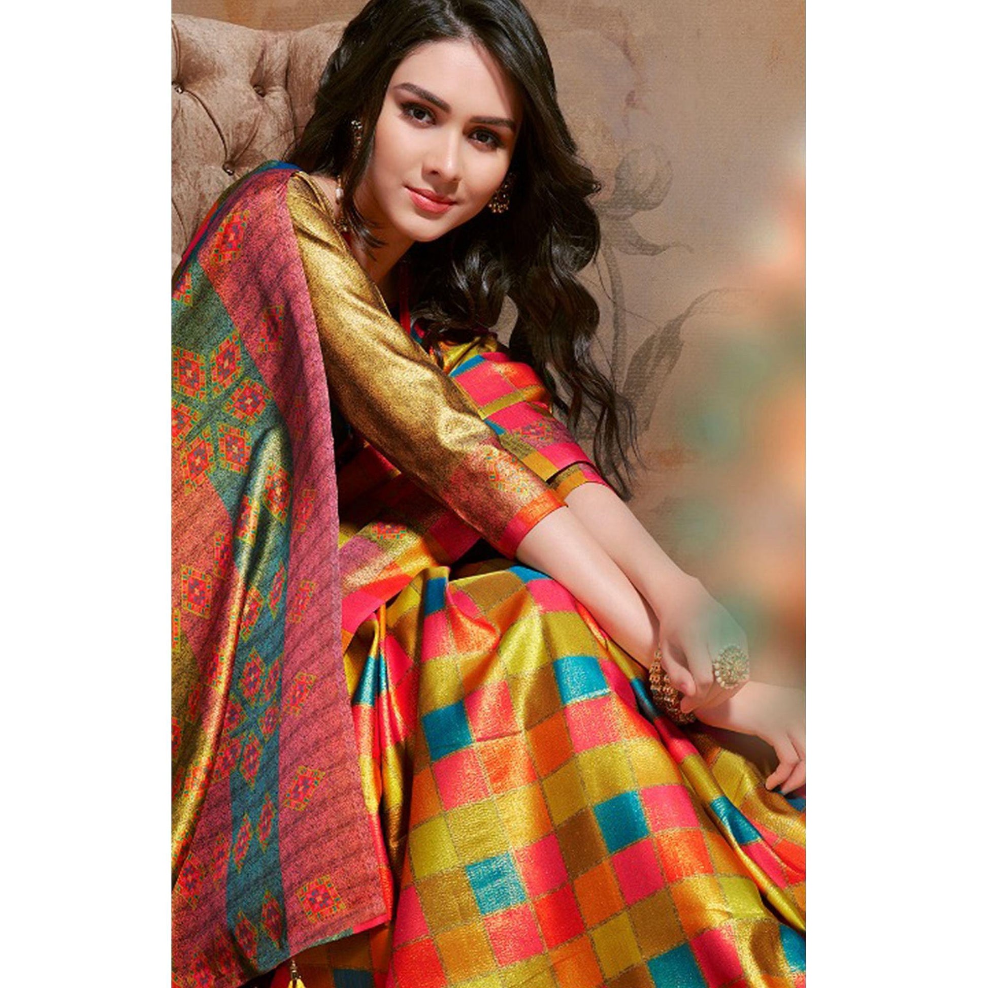 Exotic Multi Colored Festive Wear Printed Silk Blend Saree With Tassels