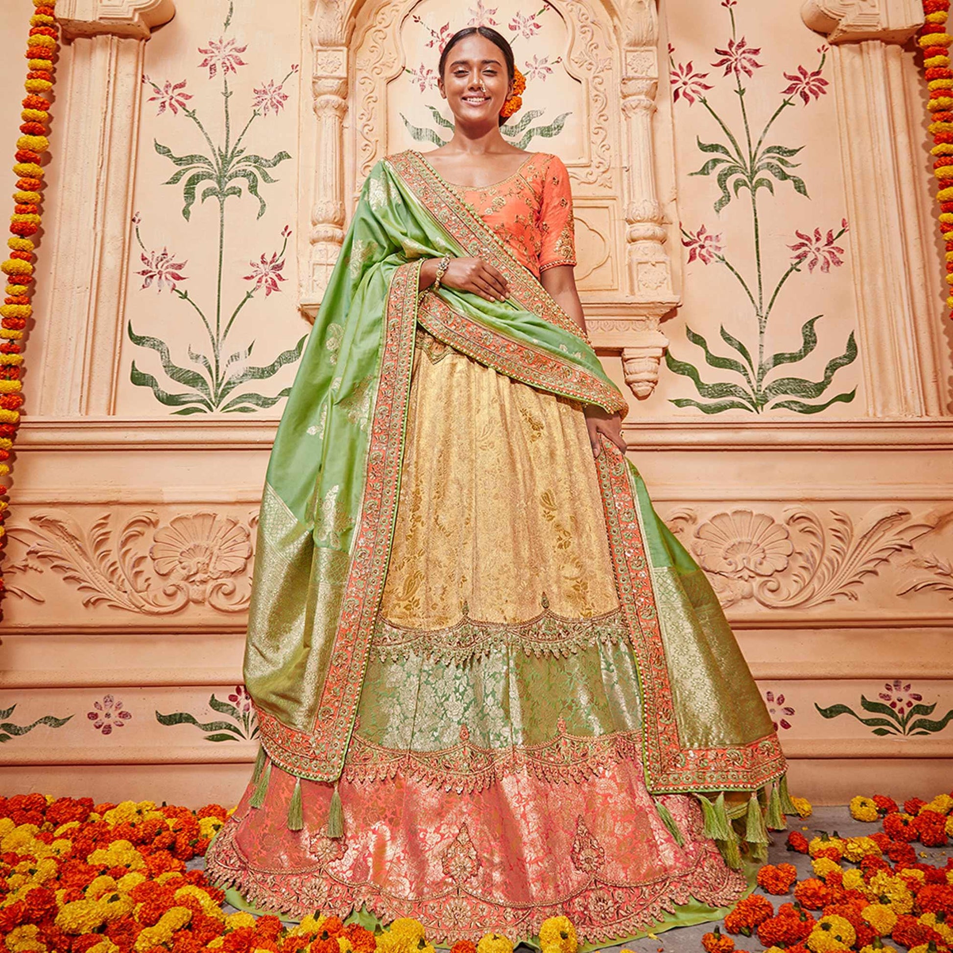 Exotic Multicolored Wedding Wear Pure Silk-Jacquard Lehenga Choli