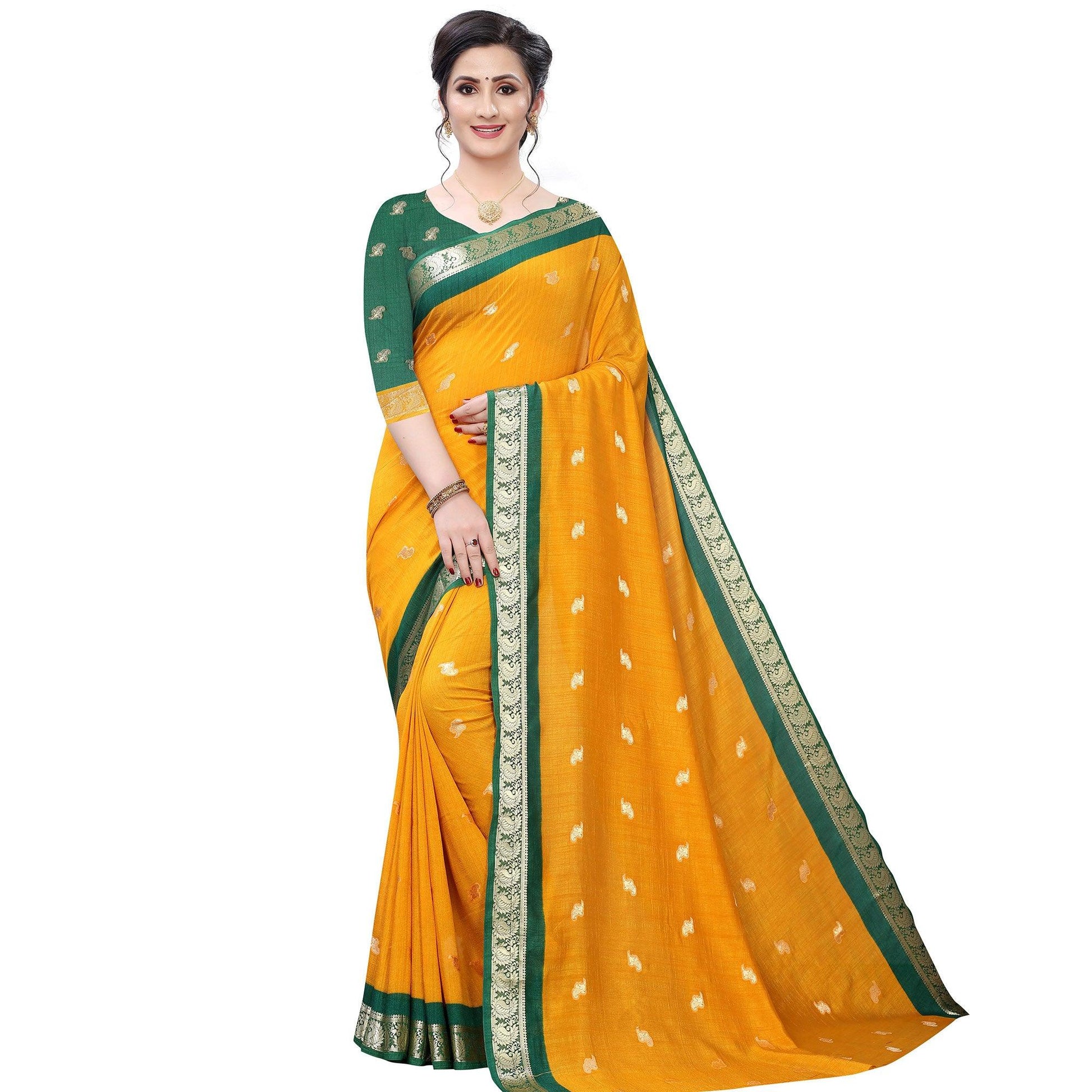 Exotic Mustard Yellow Colored Festive Wear Woven Vichitra Silk Saree