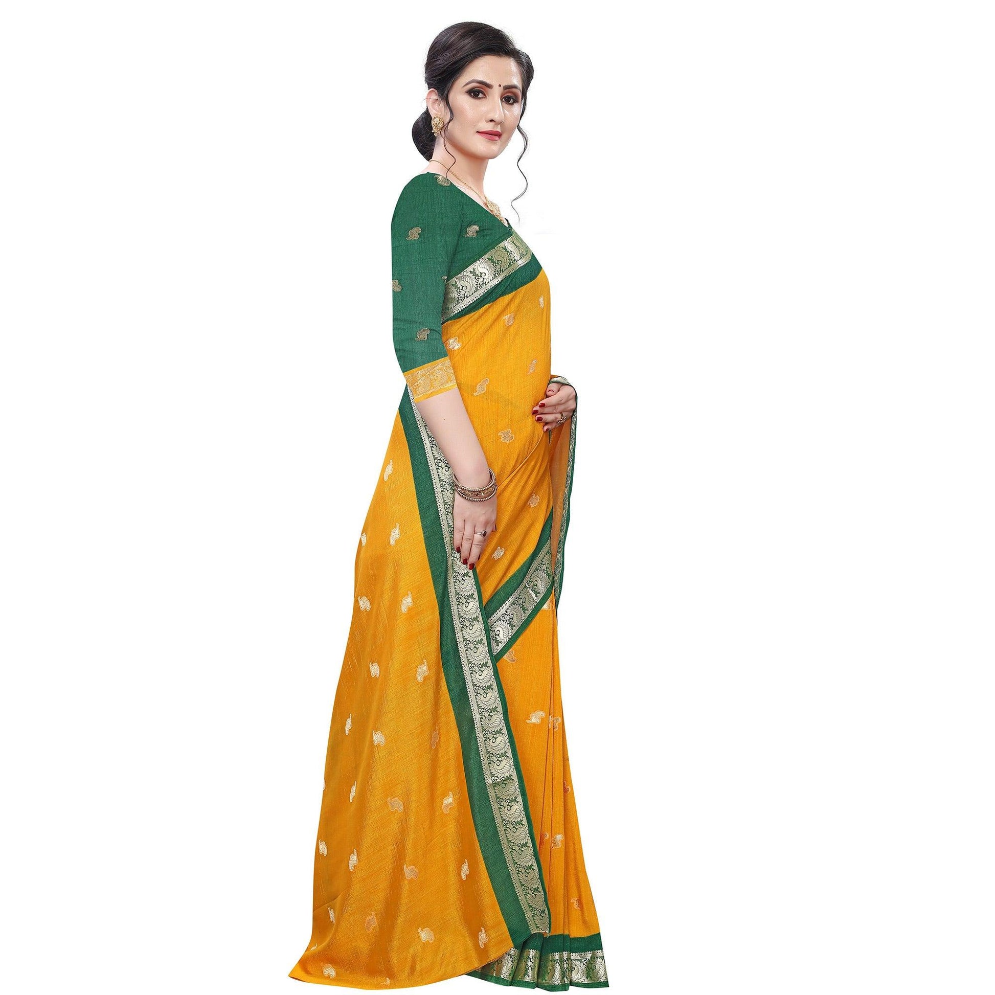 Exotic Mustard Yellow Colored Festive Wear Woven Vichitra Silk Saree
