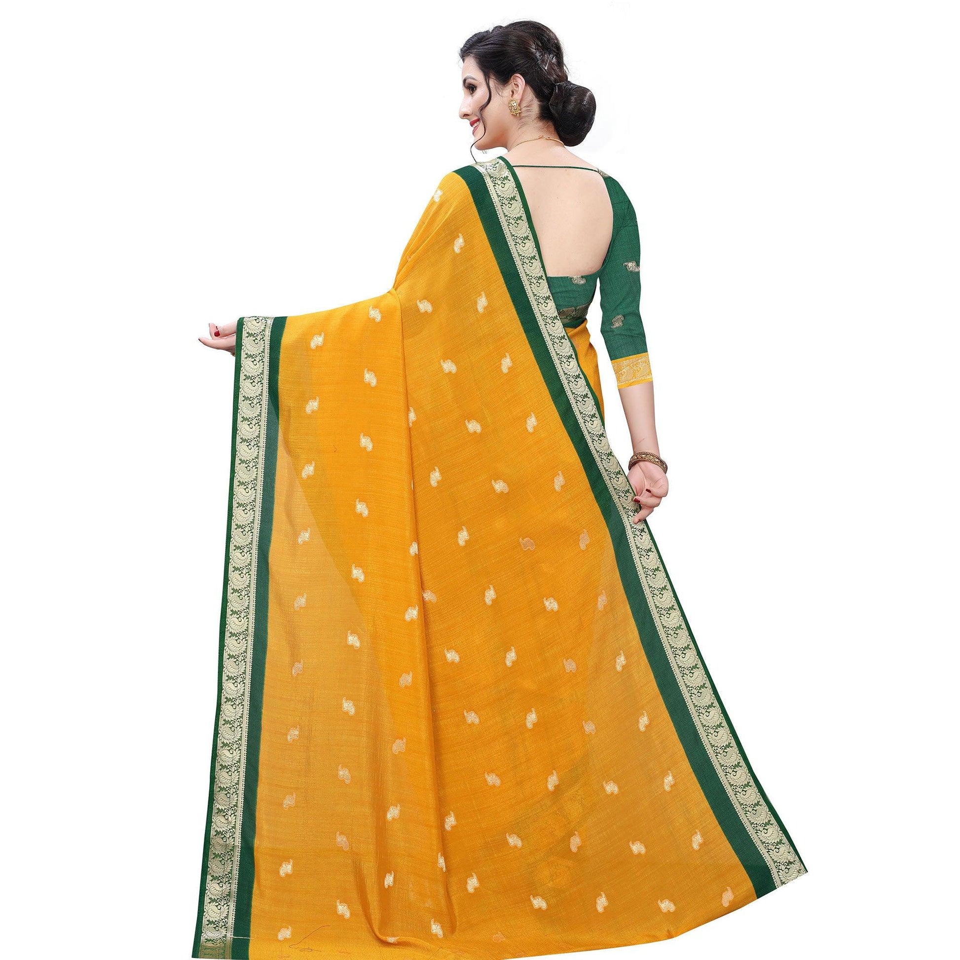 Exotic Mustard Yellow Colored Festive Wear Woven Vichitra Silk Saree