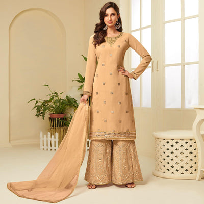 Exotic Mustard Yellow Coloured Partywear Gota Work Georgette Palazzo Suit