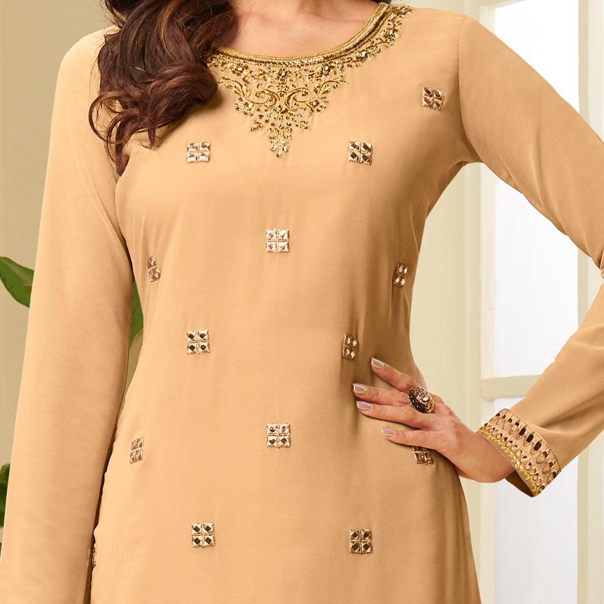 Exotic Mustard Yellow Coloured Partywear Gota Work Georgette Palazzo Suit