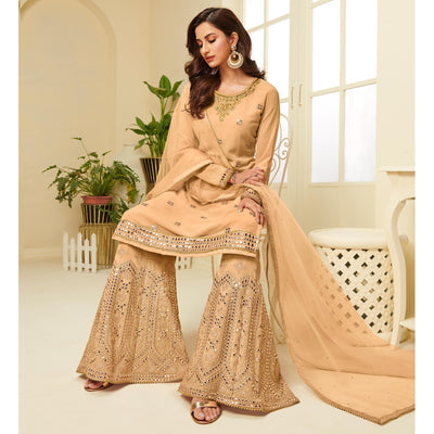Exotic Mustard Yellow Coloured Partywear Gota Work Georgette Palazzo Suit