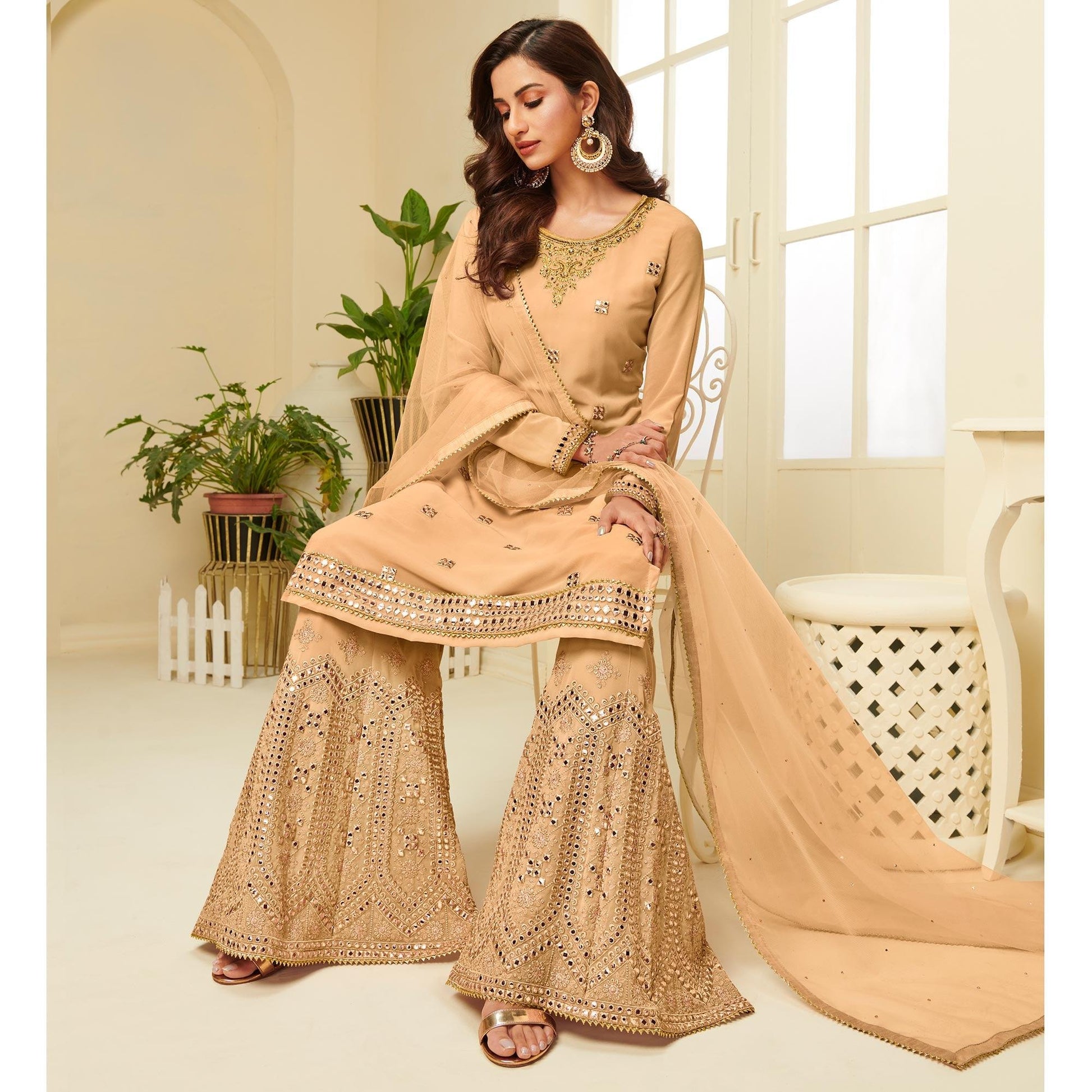 Exotic Mustard Yellow Coloured Partywear Gota Work Georgette Palazzo Suit
