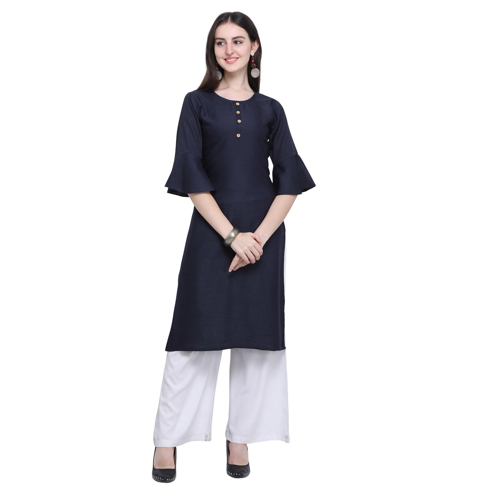 Exotic Navy Blue Colored Casual Wear Embroidered Rayon Kurti-Palazzo Set