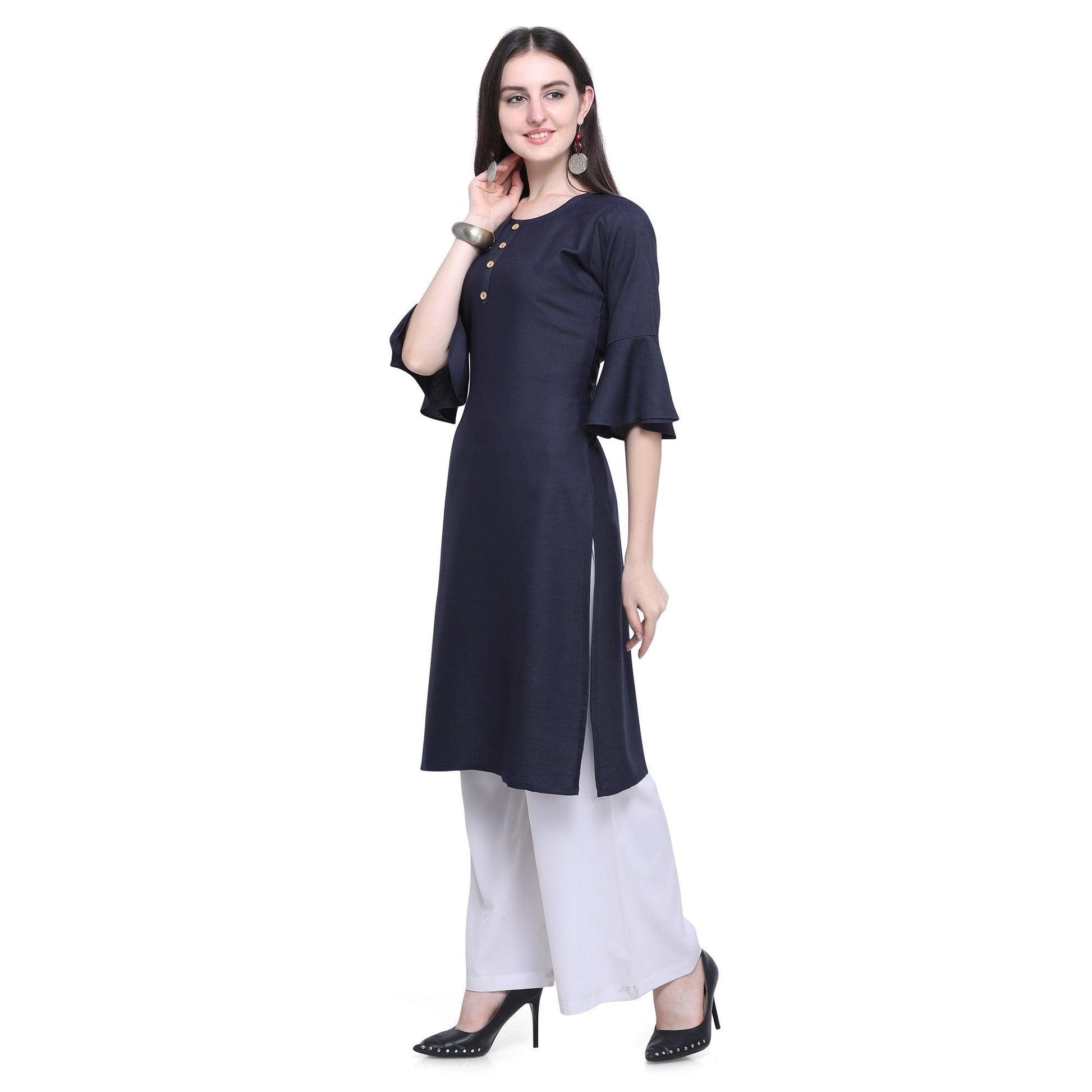 Exotic Navy Blue Colored Casual Wear Embroidered Rayon Kurti-Palazzo Set