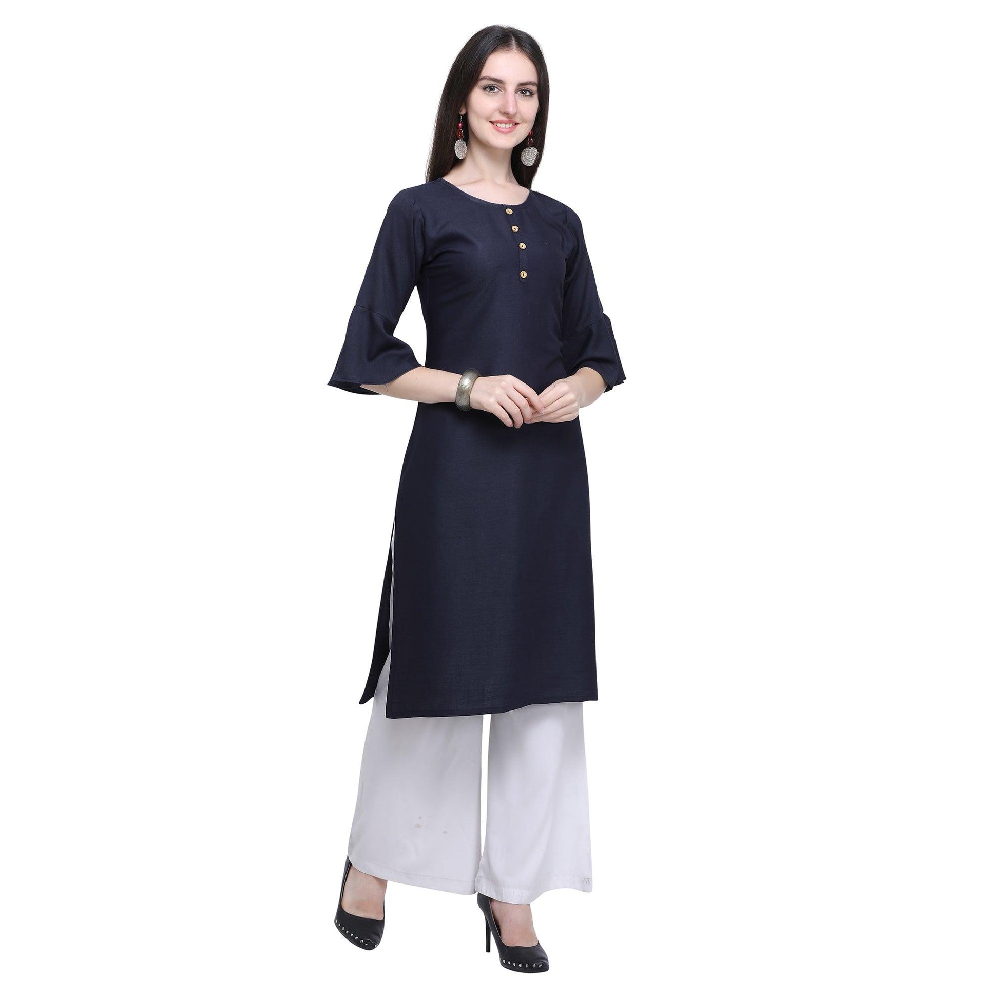 Exotic Navy Blue Colored Casual Wear Embroidered Rayon Kurti-Palazzo Set