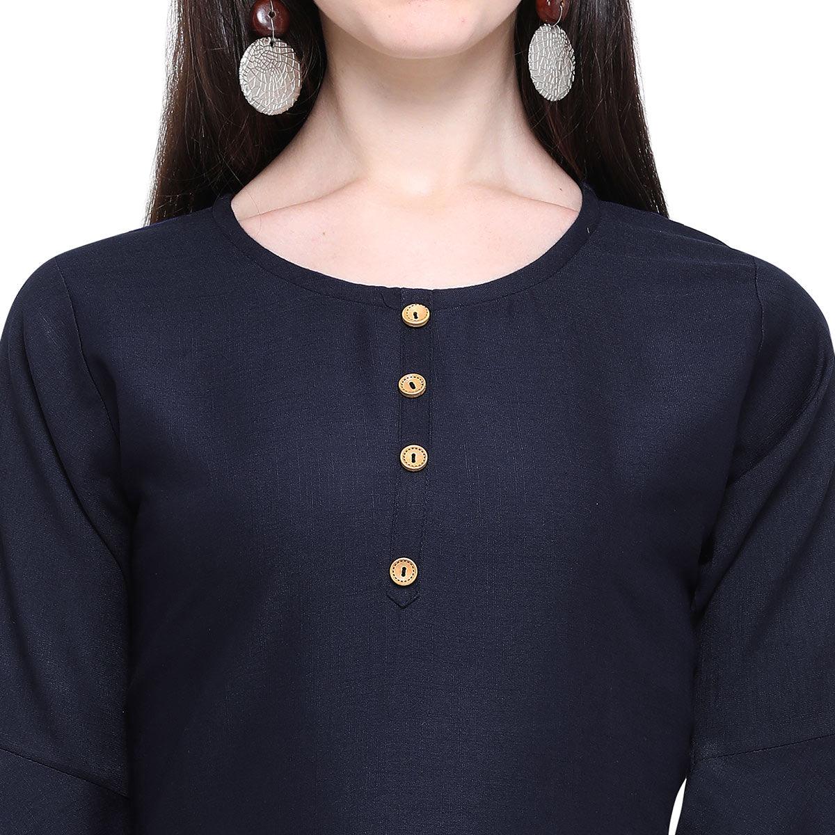 Exotic Navy Blue Colored Casual Wear Embroidered Rayon Kurti-Palazzo Set