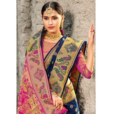 Exotic Navy Blue Colored Festive Wear Woven Banarasi Silk Saree With Tassels