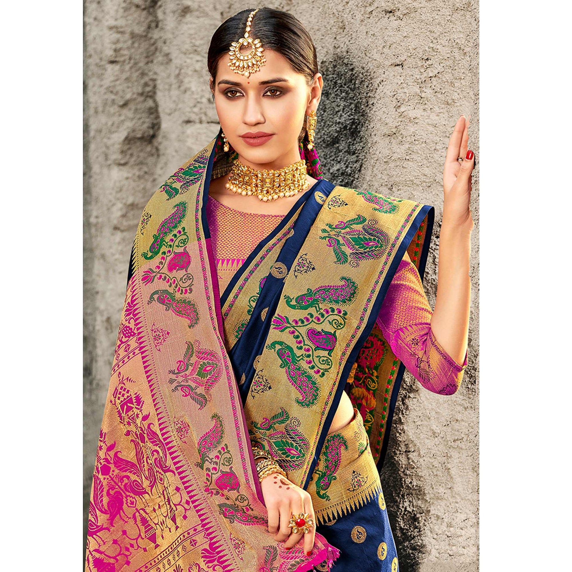 Exotic Navy Blue Colored Festive Wear Woven Banarasi Silk Saree With Tassels