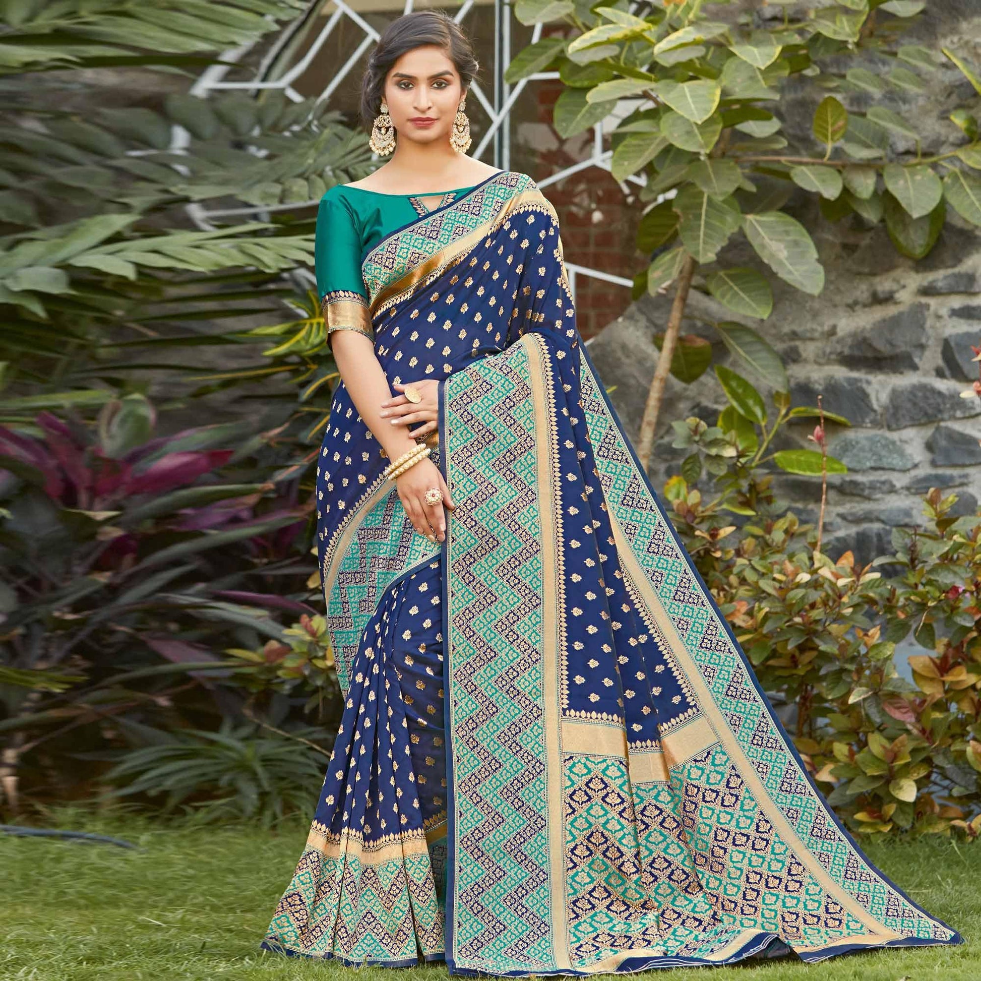 Exotic Navy Blue Colored Festive Wear Woven Silk Saree