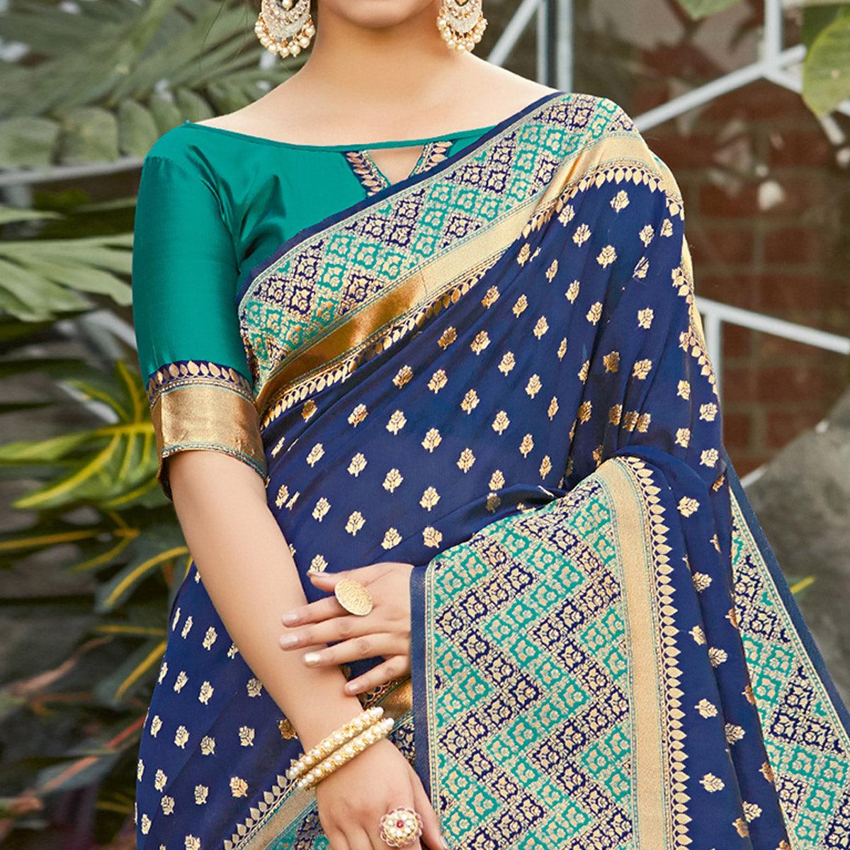 Exotic Navy Blue Colored Festive Wear Woven Silk Saree