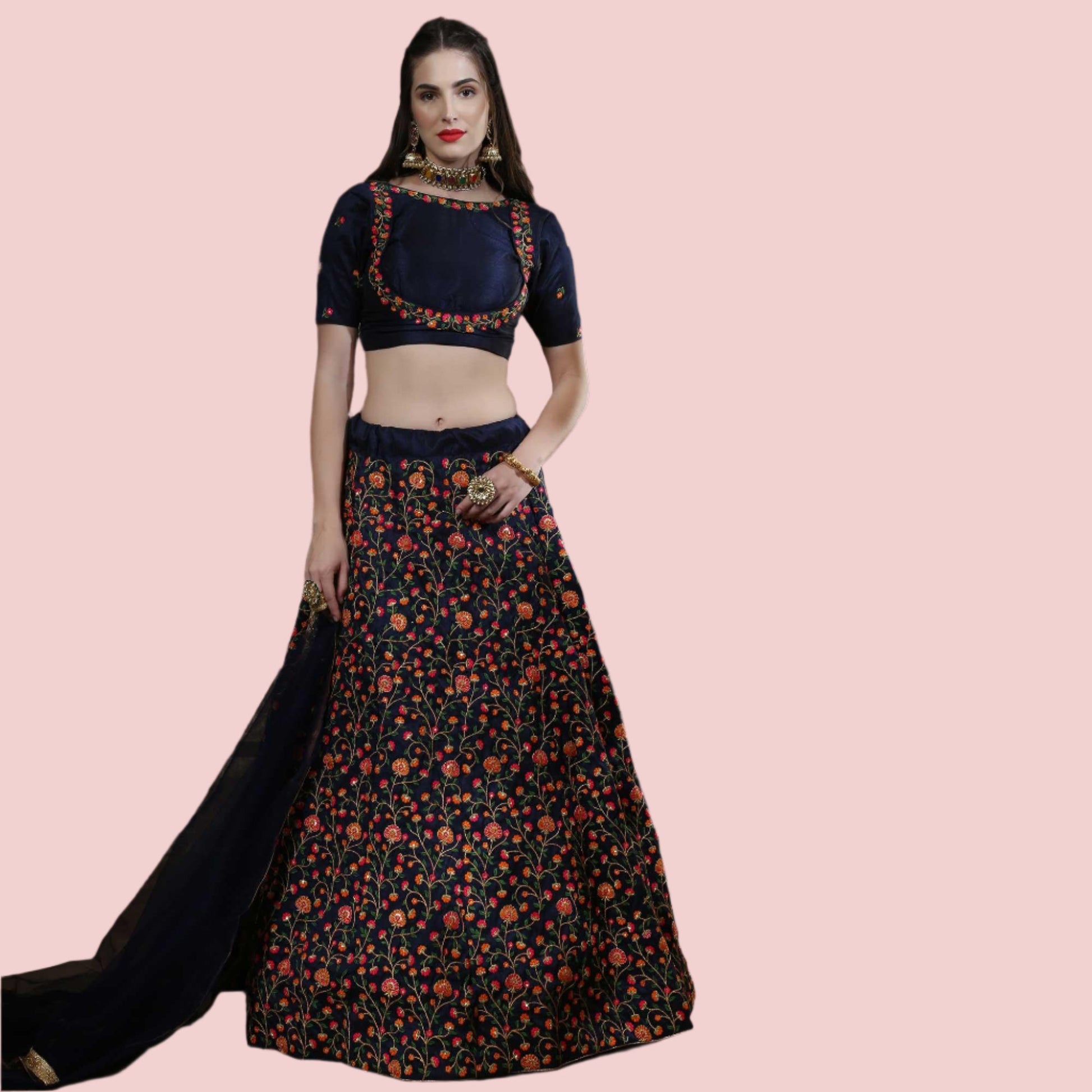 Exotic Navy Blue Colored Party Wear Floral Embroidered Silk Lehenga Choli