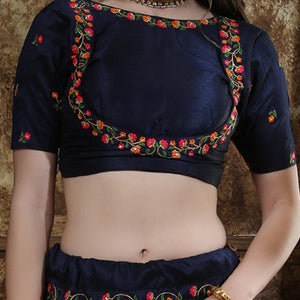 Exotic Navy Blue Colored Party Wear Floral Embroidered Silk Lehenga Choli