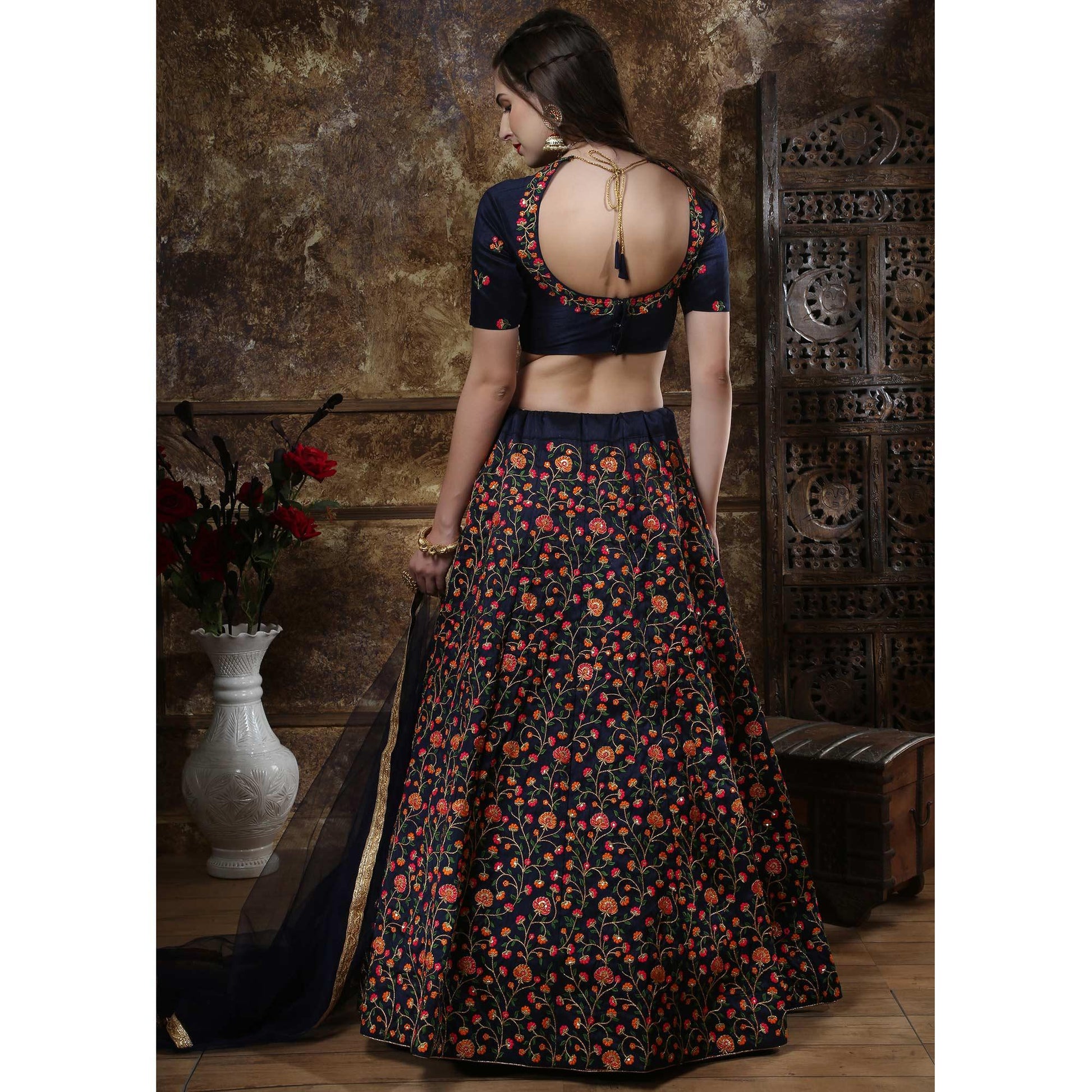 Exotic Navy Blue Colored Party Wear Floral Embroidered Silk Lehenga Choli