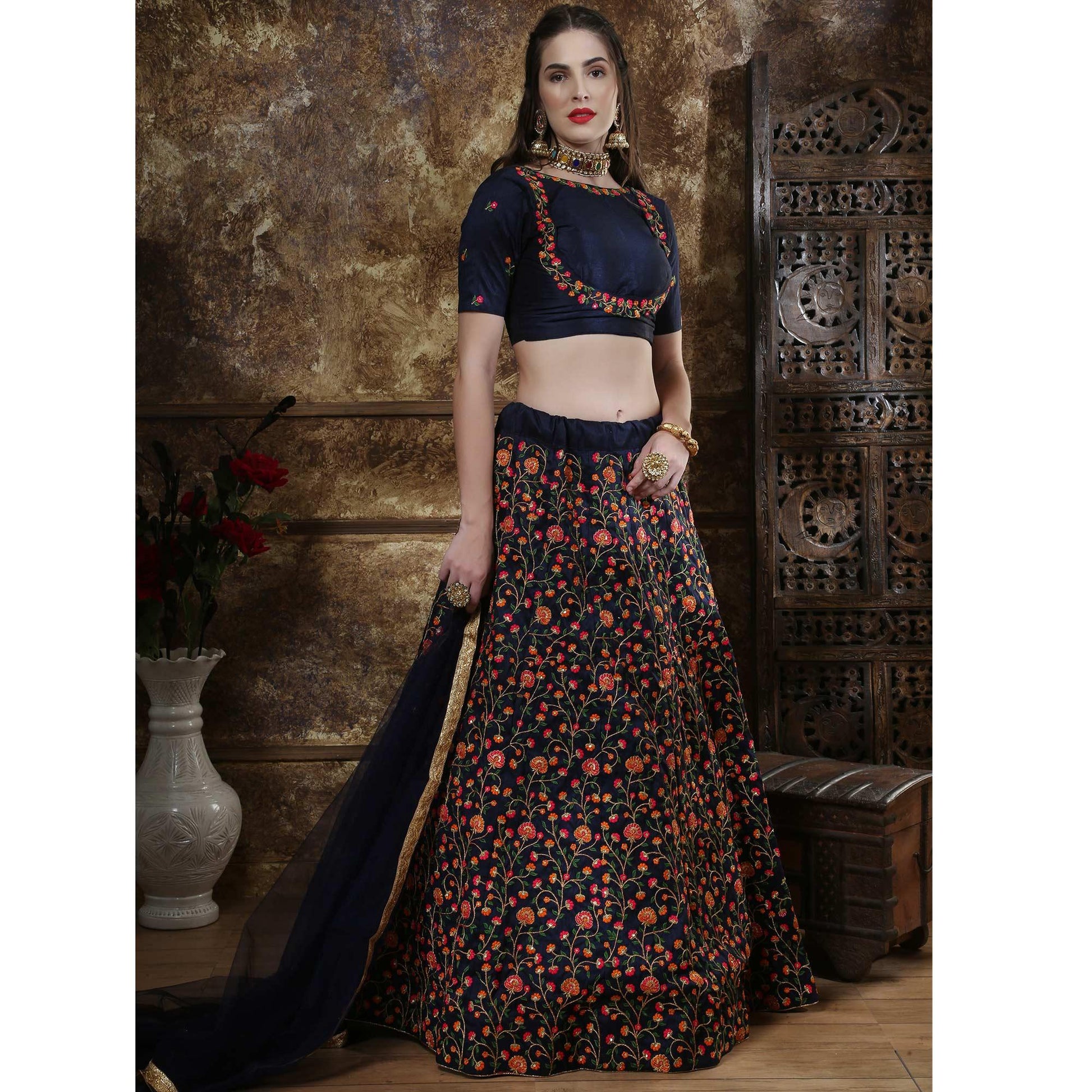 Exotic Navy Blue Colored Party Wear Floral Embroidered Silk Lehenga Choli