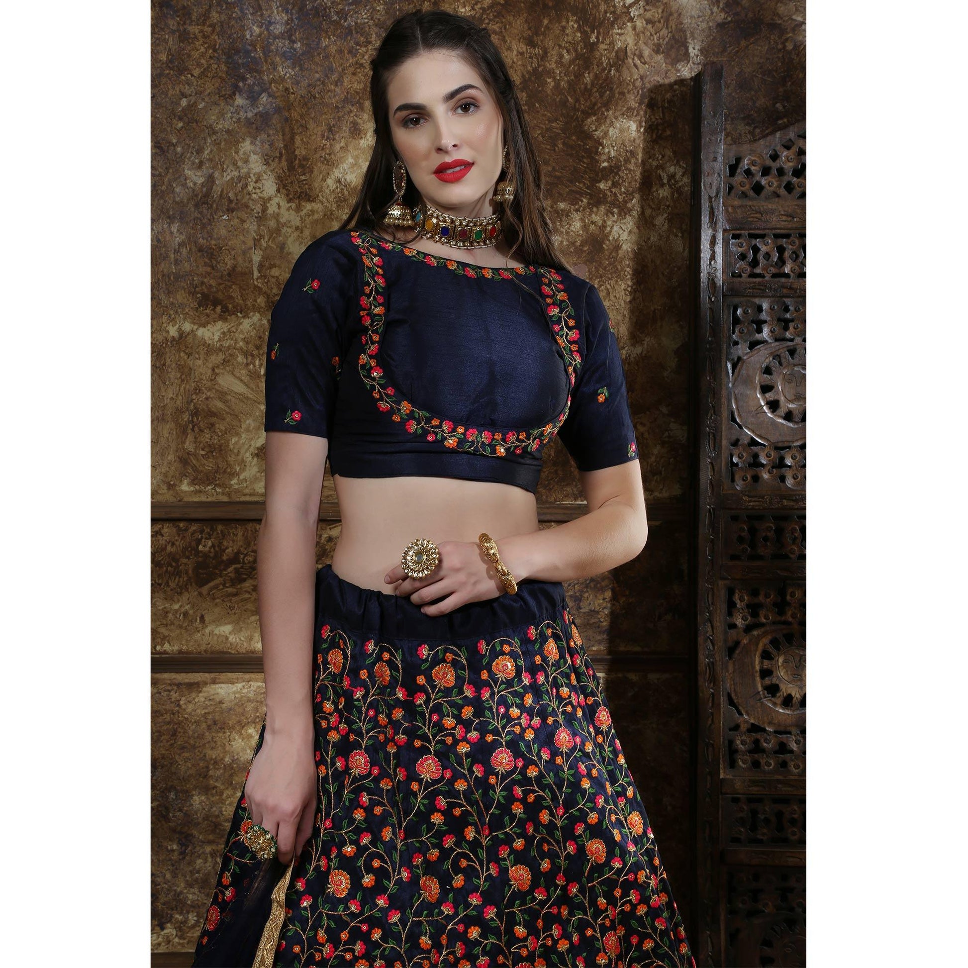 Exotic Navy Blue Colored Party Wear Floral Embroidered Silk Lehenga Choli