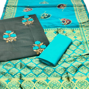 Exotic Olive Green Colored Casual Wear Embroidered Cotton Dress Material With Banarasi Silk Dupatta