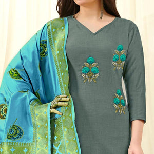 Exotic Olive Green Colored Casual Wear Embroidered Cotton Dress Material With Banarasi Silk Dupatta