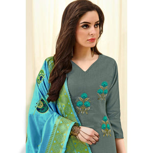 Exotic Olive Green Colored Casual Wear Embroidered Cotton Dress Material With Banarasi Silk Dupatta