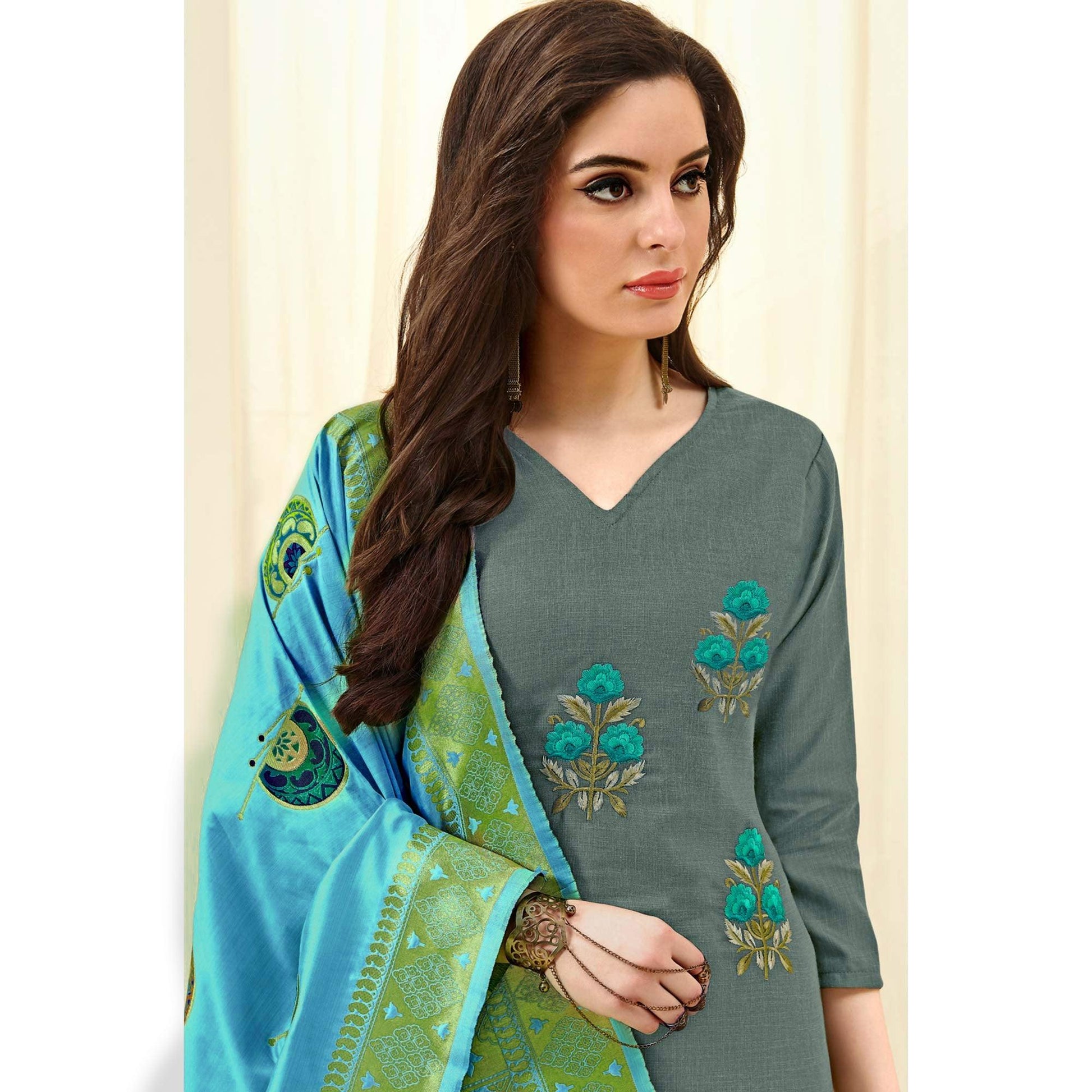 Exotic Olive Green Colored Casual Wear Embroidered Cotton Dress Material With Banarasi Silk Dupatta