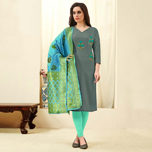 Exotic Olive Green Colored Casual Wear Embroidered Cotton Dress Material With Banarasi Silk Dupatta