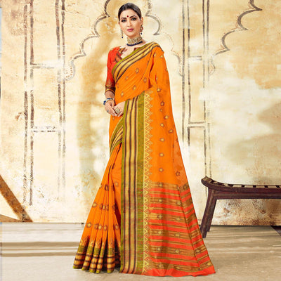 Exotic Orange Colored Festive Wear Woven Cotton Saree