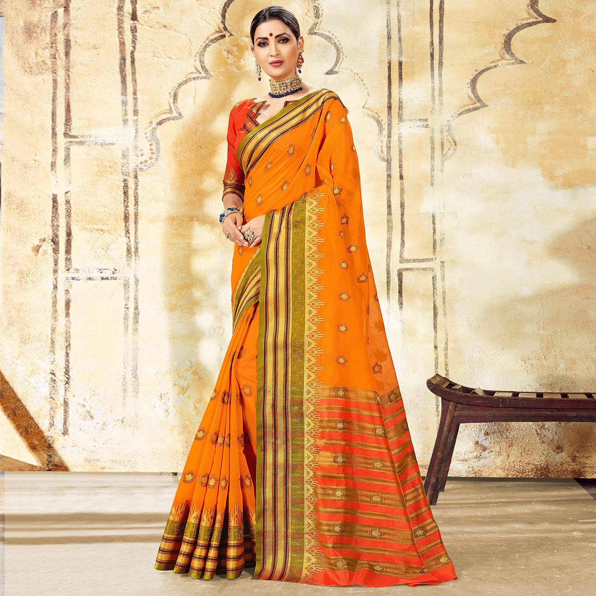 Exotic Orange Colored Festive Wear Woven Cotton Saree