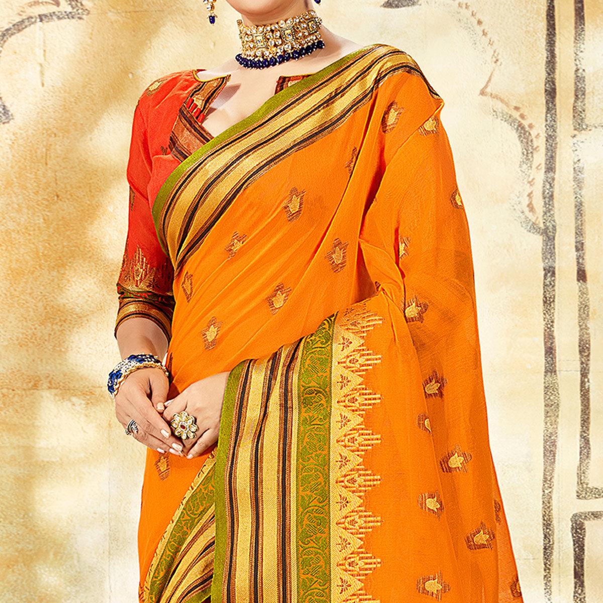 Exotic Orange Colored Festive Wear Woven Cotton Saree