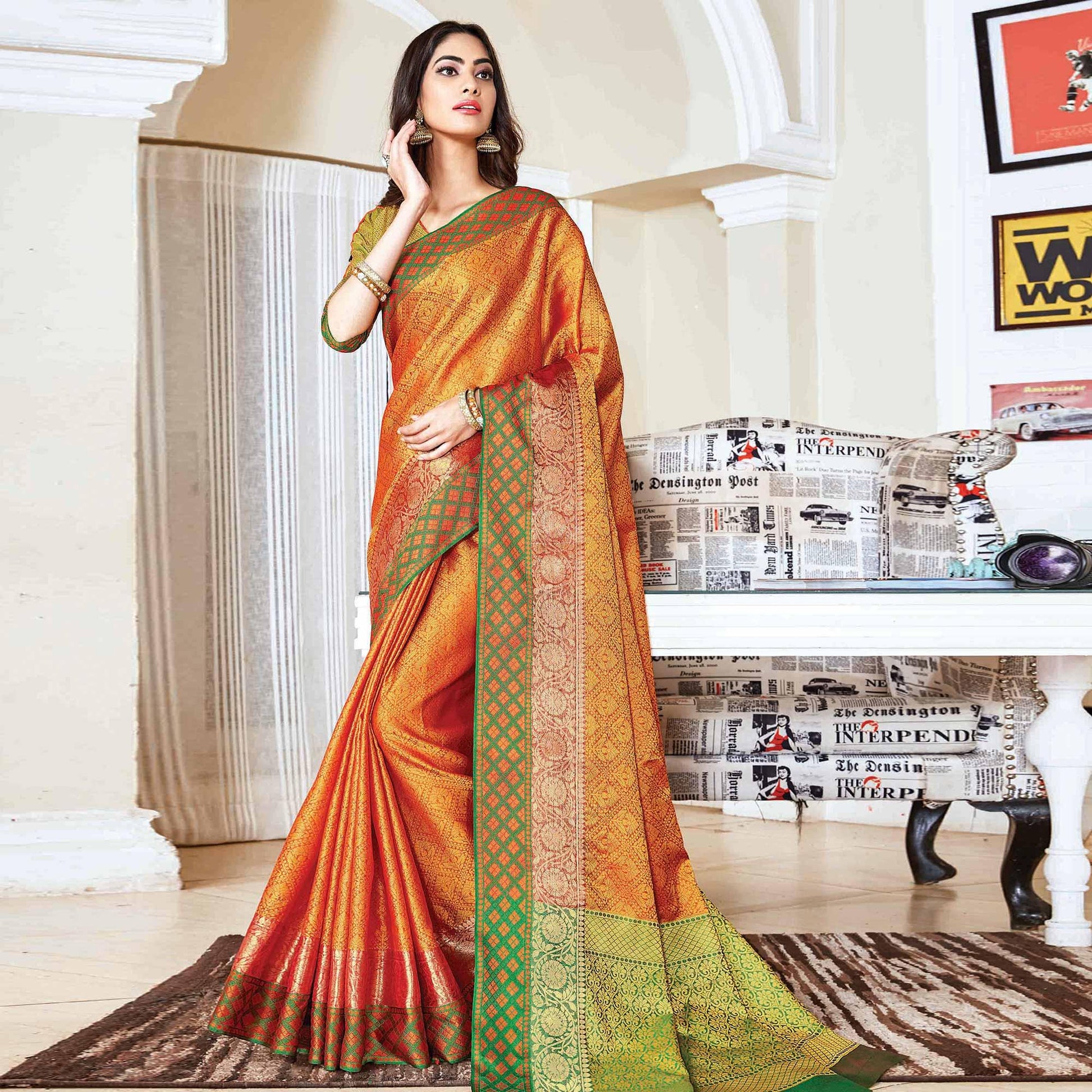 Exotic Orange Colored Festive Wear Woven Handloom Silk Saree