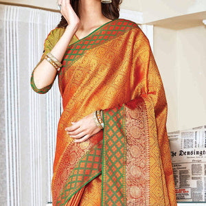 Exotic Orange Colored Festive Wear Woven Handloom Silk Saree