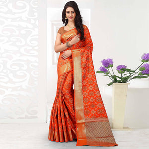 Exotic Orange Colored Festive Wear Woven Silk Saree