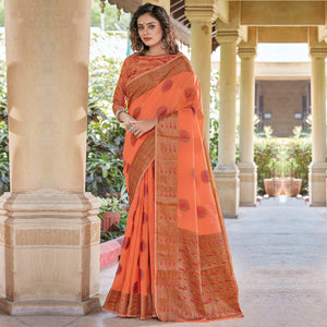Exotic Orange Coloured Festive Wear Woven Cotton Handloom Saree