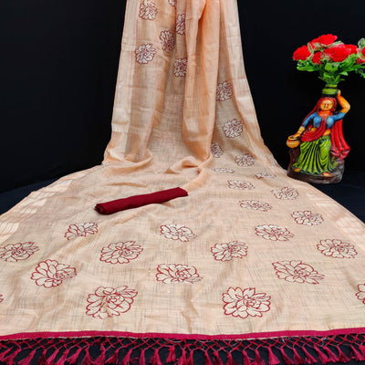 Exotic Orange Coloured Striped Pattern Printed Casual Wear Cotton Saree