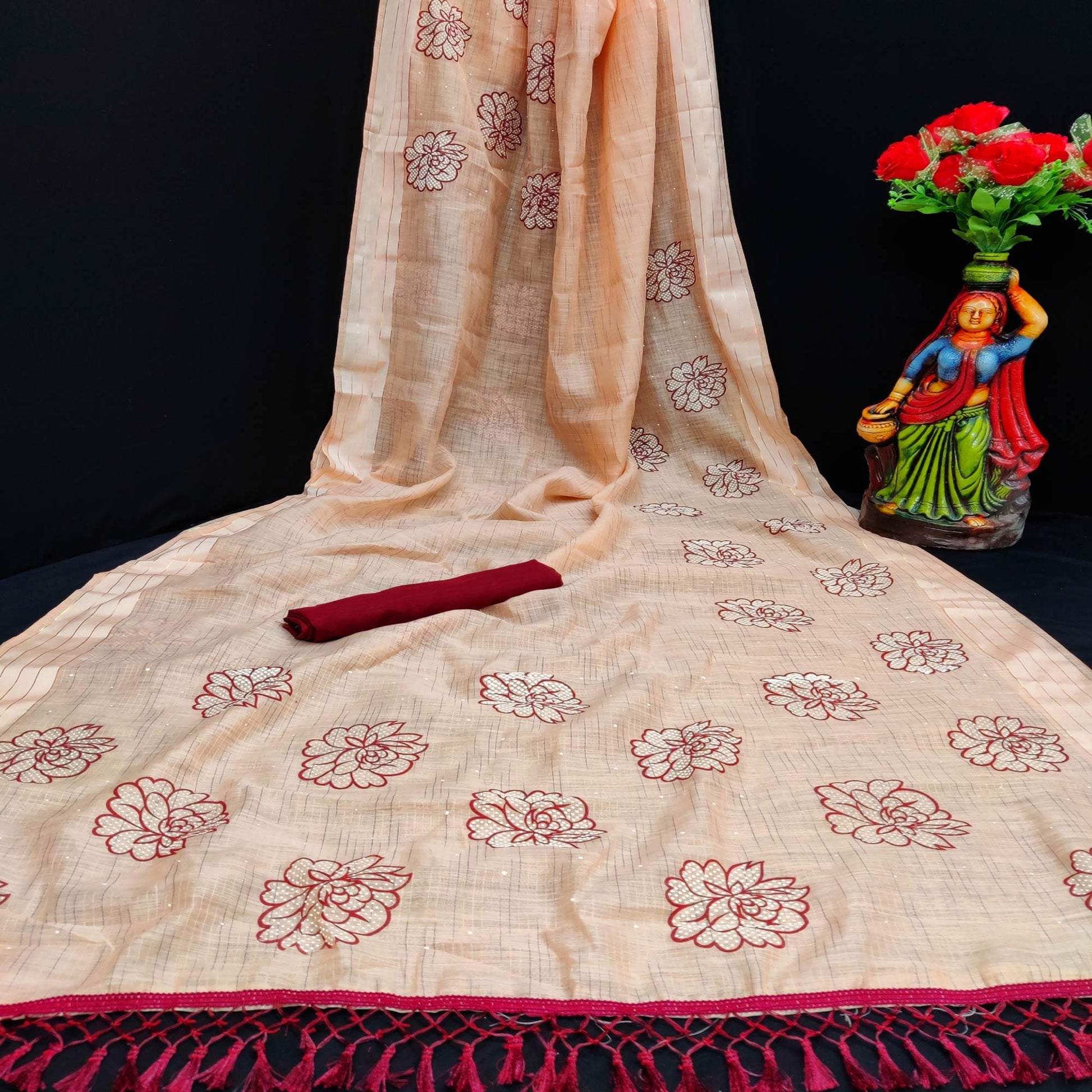 Exotic Orange Coloured Striped Pattern Printed Casual Wear Cotton Saree