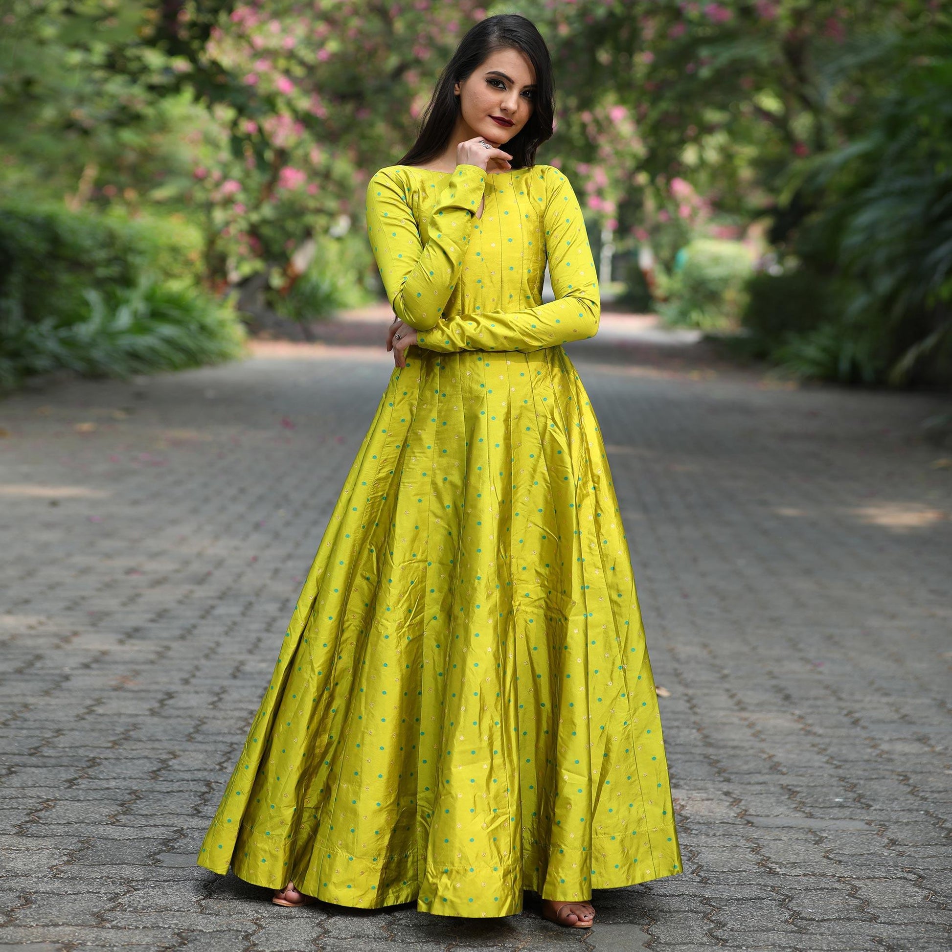 Exotic Parrot Green Colored Partywear Tapetta Gown