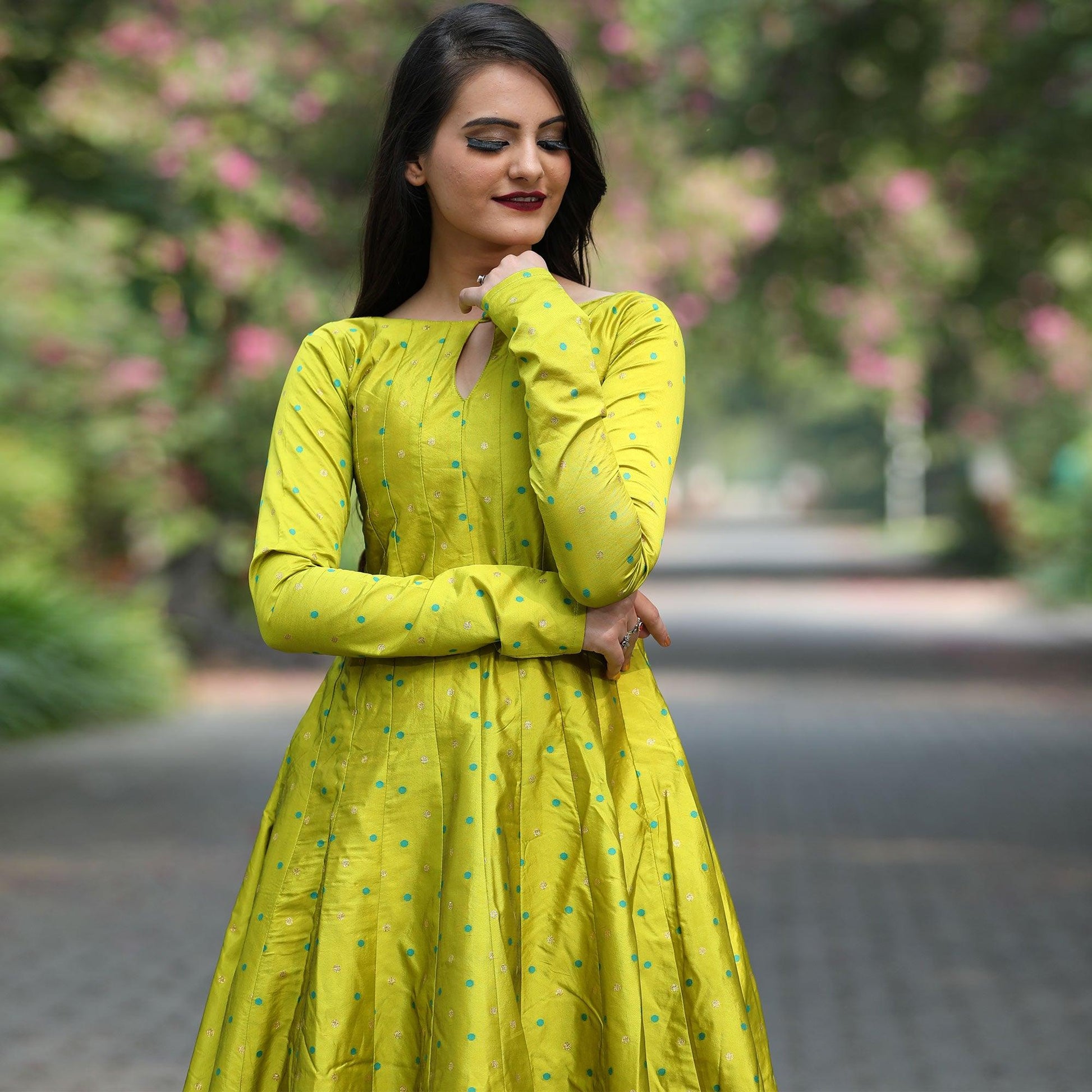 Exotic Parrot Green Colored Partywear Tapetta Gown