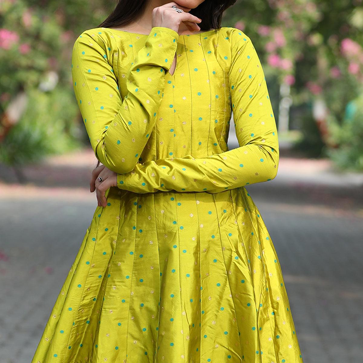 Exotic Parrot Green Colored Partywear Tapetta Gown