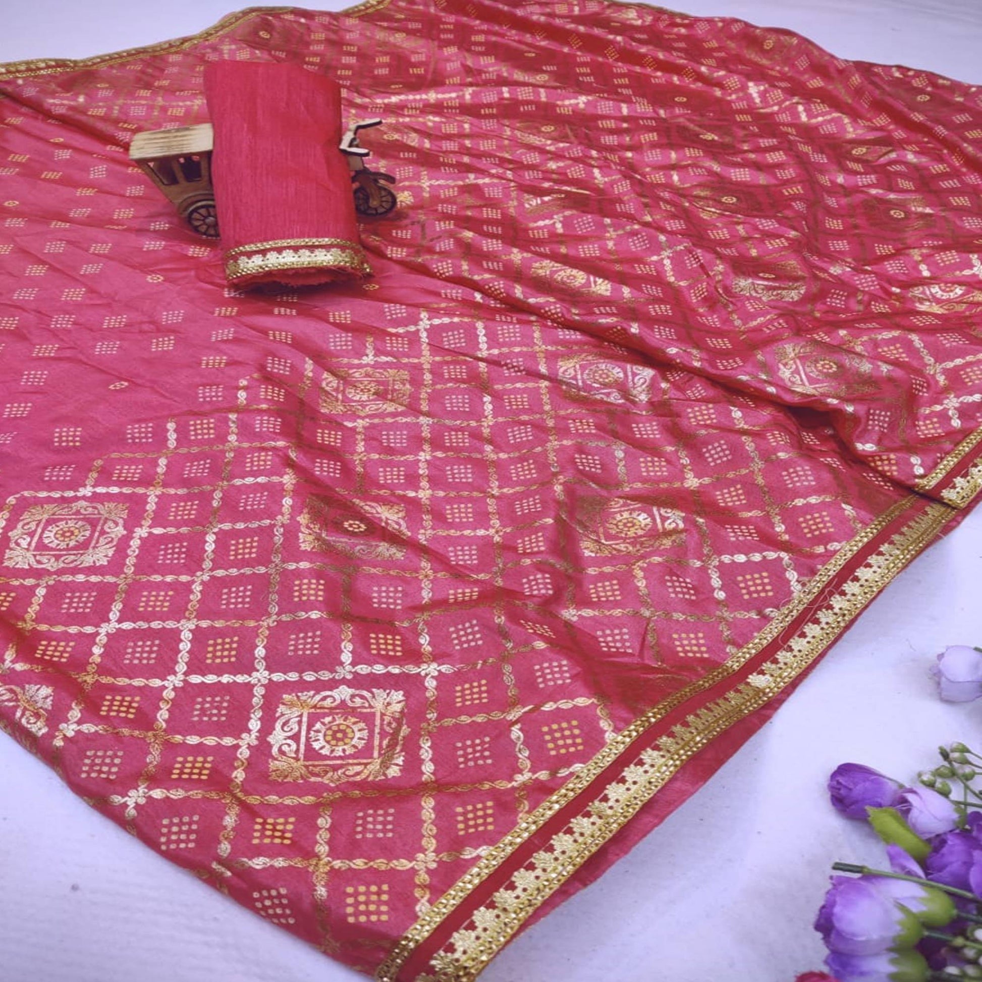 Exotic Peach Colored Festive Wear Foil Printed Dola Silk Saree