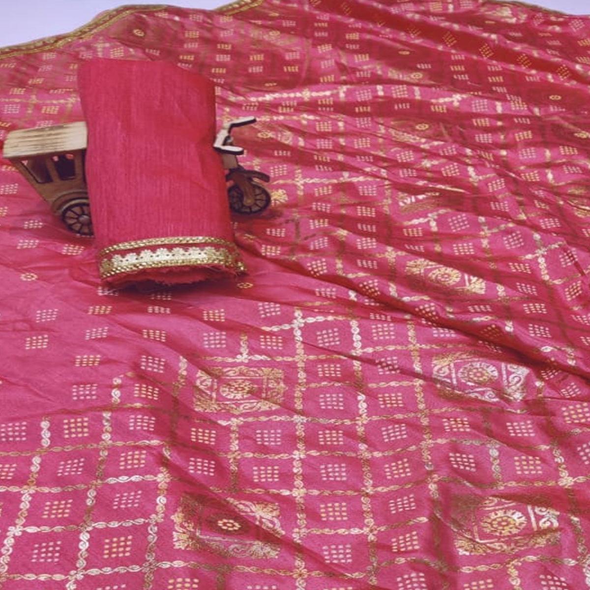Exotic Peach Colored Festive Wear Foil Printed Dola Silk Saree
