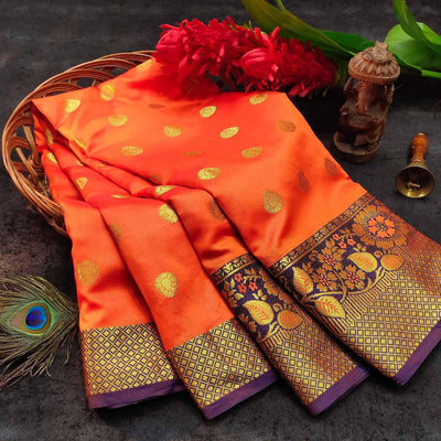 Exotic Peach Colored Festive Wear Woven Kanjivaram Silk Saree