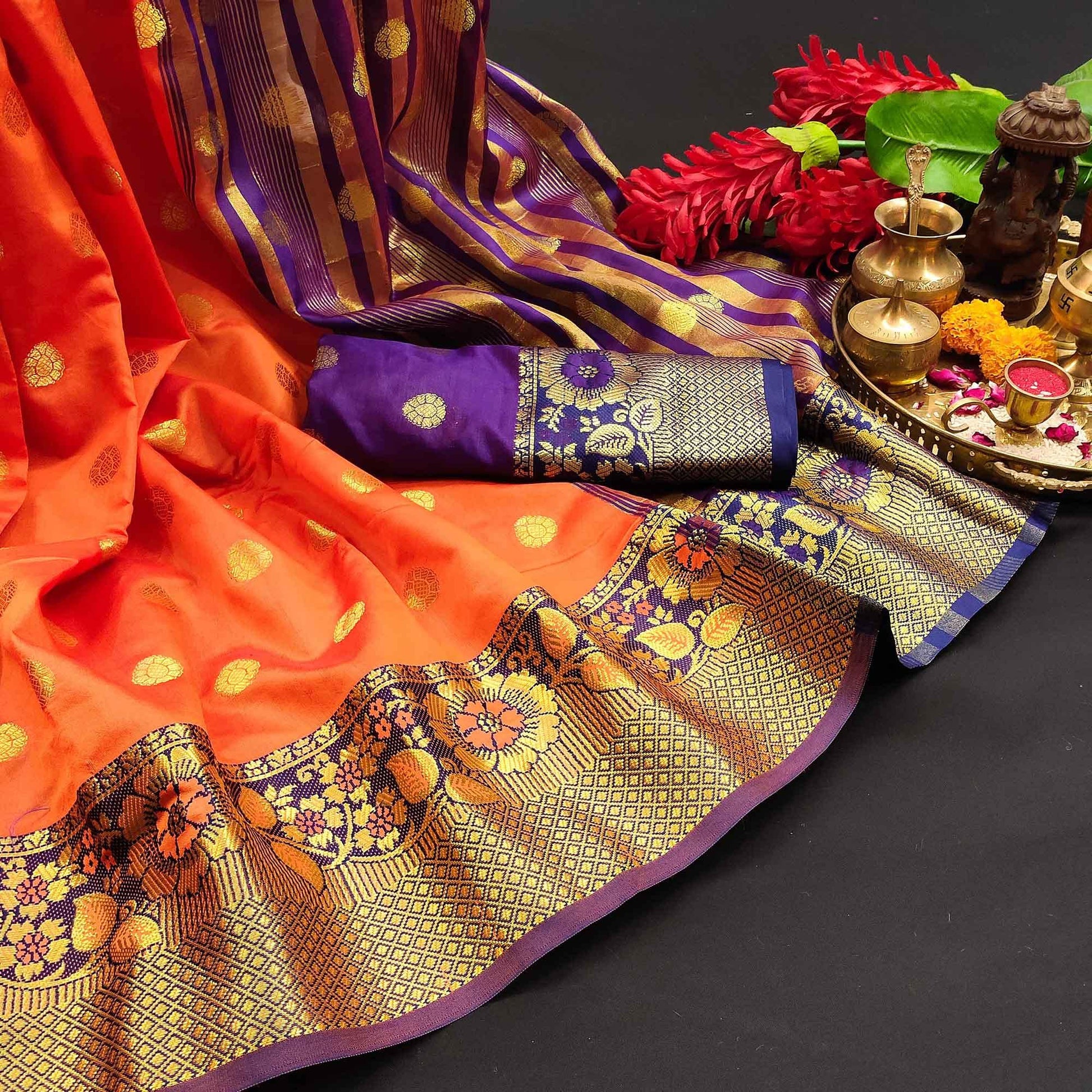 Exotic Peach Colored Festive Wear Woven Kanjivaram Silk Saree