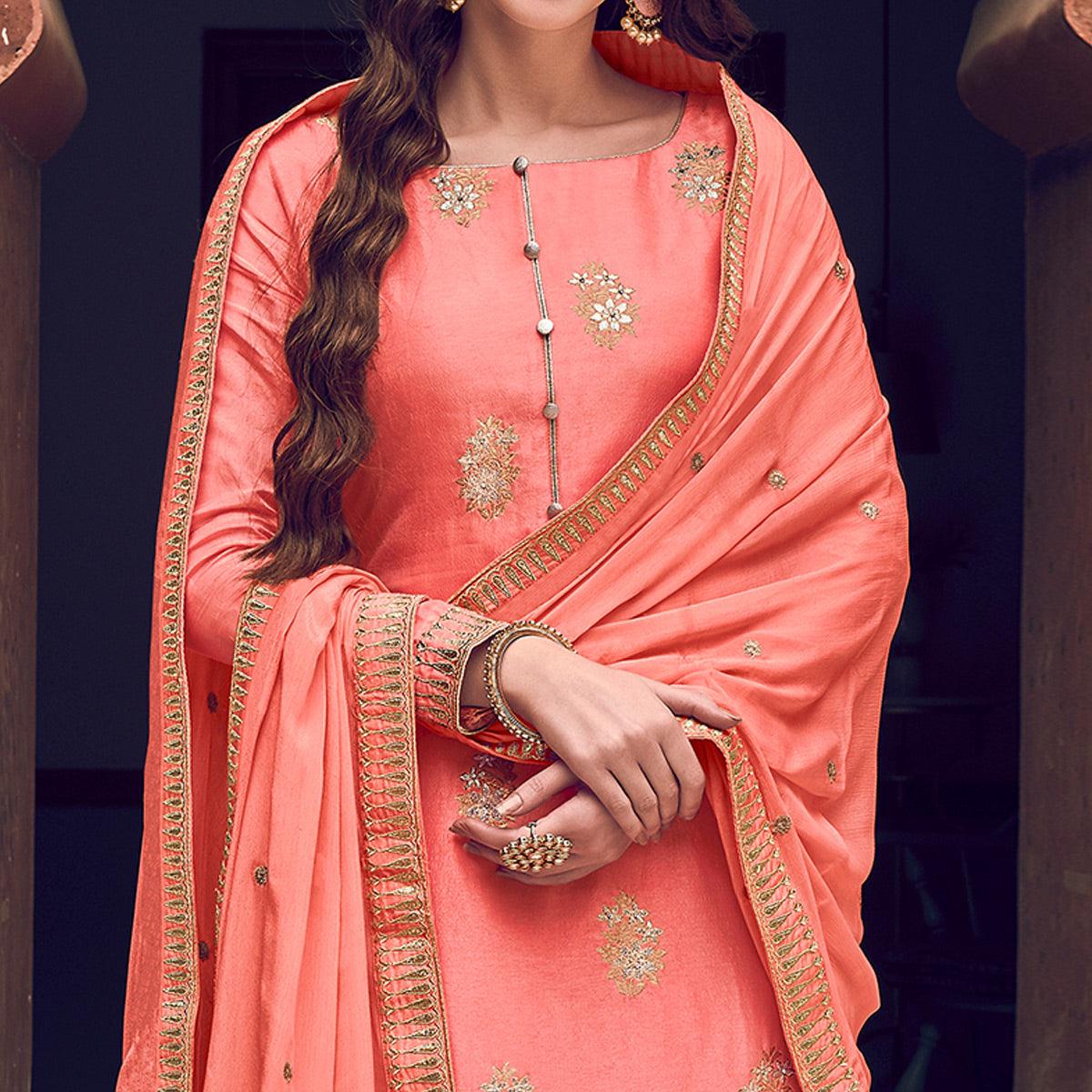Exotic Peach Colored Partywear Embroidered Pure Dola Jacquard Palazzo Suit